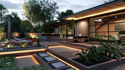 suburban mid-century modern home with a custom-designed, multi-level decking area that includes hidden lighting and integrated planters