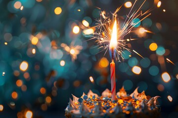 Obraz premium Festive birthday celebration with a single lit candle on a cake, surrounded by sparkling lights.