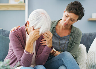Elderly mom, stress and daughter with support for mental health crisis, compassion and dementia in...