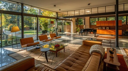 Fototapeta premium suburban mid-century modern home with an expansive glass-walled living room that provides an immersive natural light experience