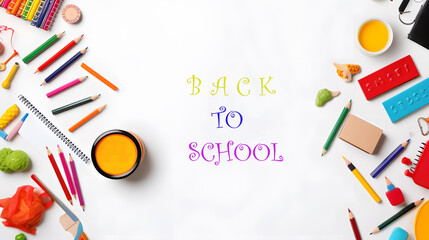 Obraz premium notebook, pencils and school accessories with the text words BACK TO SCHOOL
