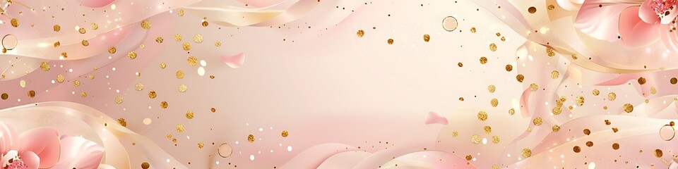 Pink and light beige background with golden confetti and circular shapes for party design. High-detail vector art.