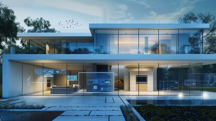 Fototapeta premium pristine suburban contemporary house with an integrated smart home system, visible through transparent glass walls