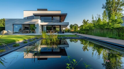 Fototapeta premium panoramic shot of a suburban contemporary house with a sleek, mirror-like pond in the front yard, reflecting its stunning architecture
