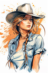 A woman wearing a cowboy hat and a blue shirt. She has long hair and is smiling. The image has a western or cowboy theme