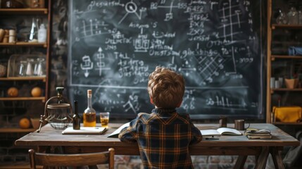 boy in class looking at blackboard with mathematical formulas