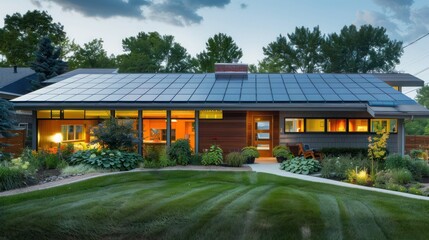 Naklejka premium suburban home with a mid-century modern twist, featuring a solar-paneled roof and eco-friendly materials