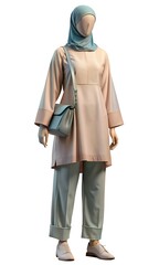 Mannequin in pastel tunic, pants, hijab, loafers, and crossbody bag