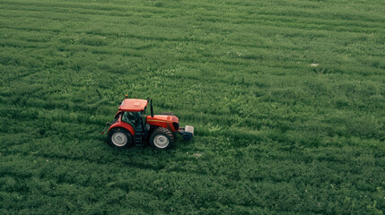 A red tractor is driving through a field of green grass