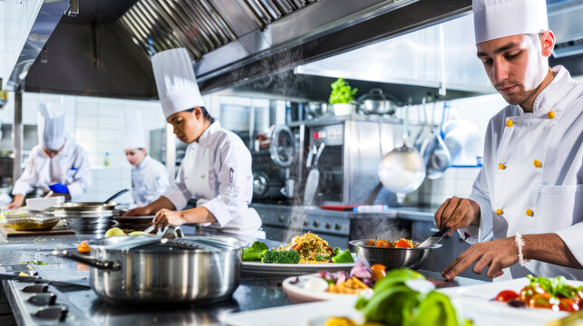 Professional chefs working in a busy commercial kitchen preparing gourmet dishes with fresh ingredients, focused and dedicated to culinary excellence