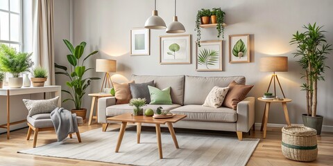 Cozy Living Room with Beige Sofa and Green Plants, Two Hanging Lamps, Wooden Floor and Beige Rug, Interior Design, Home Decor, Living Space, Comfortable Room. Cozy Living Room