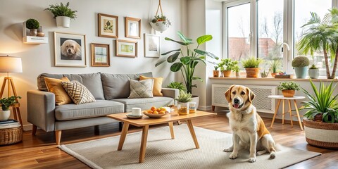Fototapeta na wymiar Cozy Living Room with Dog, Plants, and Natural Light, interior design , home decor , dog lover , pet friendly