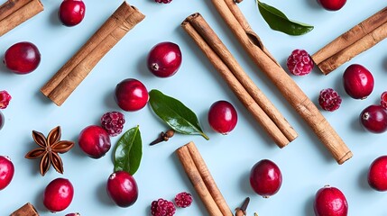 Thanksgiving and Autumn Background with Cranberries and Cinnamon Sticks, Perfect for Seasonal and Festive Decor