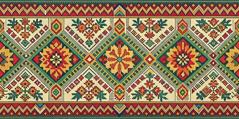 Cross Stitch Floral Pattern in Vivid Colors, Geometric Shapes and Decorative Motifs, cross stitch, floral, geometric, pattern