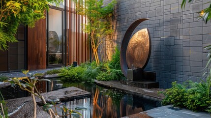 secluded corner of a suburban home garden with a modern sculpture and reflective water feature