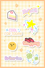 Fototapeta premium pastel sticker pack with motivation word and cake, star and clover