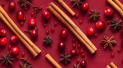 Thanksgiving and Autumn Background with Cranberries and Cinnamon Sticks, Perfect for Seasonal and Festive Decor