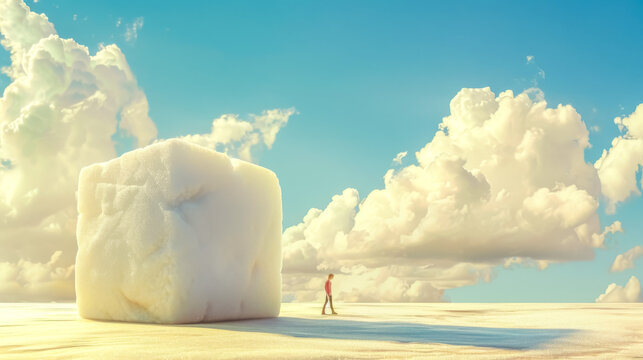 Businessman walking towards huge sugar cube in surreal landscape