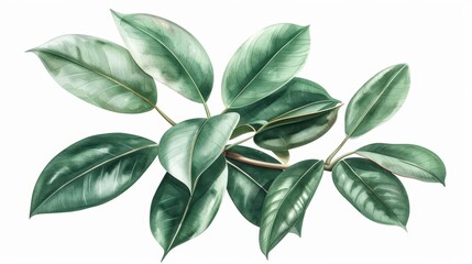 Naklejka premium A rubber tree depicted with lush watercolor leaves isolate on white background