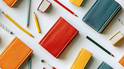 Back to School Background with Neatly Arranged Notebooks and School Supplies Against Minimalist Backdrop, Perfect for Educational Themes