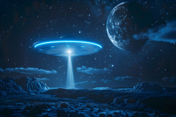 Spectacular View of Unidentified Flying Object Illuminating a Moonlit Terrain