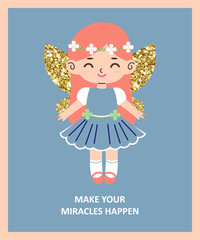 childrens cute greeting card. Adorable fairy with glittery wings and flowers, dressed charmingly. Vector poster, cartoon