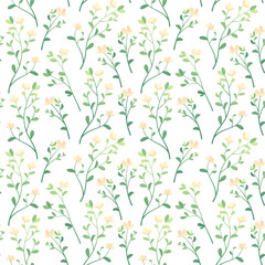 Seamless pattern with simple minimalistic flowers. Vector illustration with gradients. Twigs of plants.