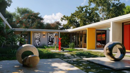 artistic interpretation of a suburban mid-century modern home with abstract sculptures in the garden and a bold, colorful facade