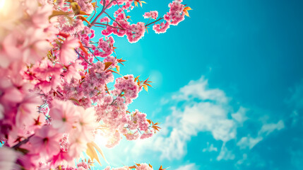 Sun shining through cherry blossom tree on a spring day