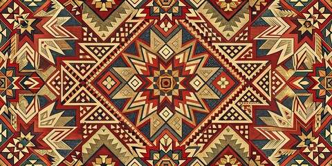 Geometric Abstract Starburst Pattern with Red, Yellow, and Blue Tones, Pattern, Abstract, Geometric, Textile