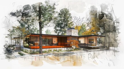 architectural sketch of a suburban mid-century modern home, focusing on its integration with the surrounding mature trees and natural landscape