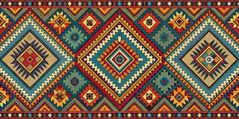 Geometric Aztec Pattern with Colorful Triangles and Diamonds, pattern , geometric , textile , design