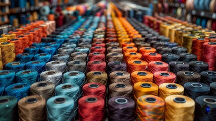 Colorful sewing threads and supplies on blue background for crafting and tailoring projects