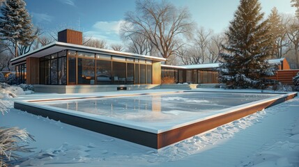 winter morning scene at a suburban mid-century modern home, with a sleek ice rink installed in the backyard