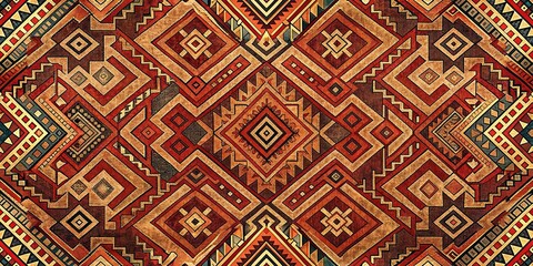 Geometric Tribal Pattern in Red and Brown Hues, Abstract, Geometric, Ethnic, Design , Textile