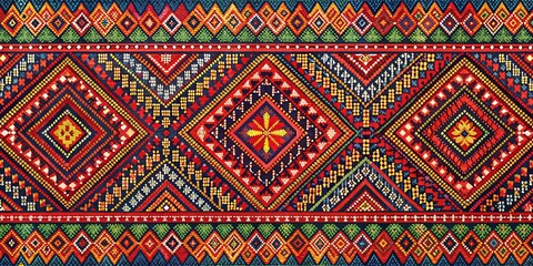 Geometric Tribal Pattern with Diamond and Zigzag Motifs, Watercolor Effect, Colorful Textile, Ethnic Design, tribal, pattern, textile
