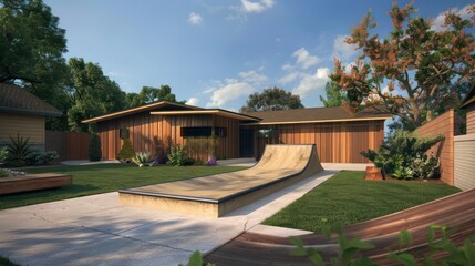view of a suburban mid-century modern home with a custom-built skateboard ramp in the backyard, reflecting a blend of fun and style