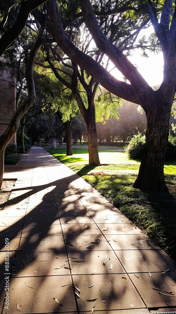 Wall mural Serene sunlit pathway through a park with lush green surroundings