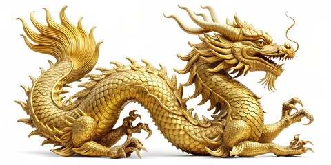 Golden Dragon Statue, Isolated, 3D Rendering, Mythical Creature, Chinese Culture, dragon, statue