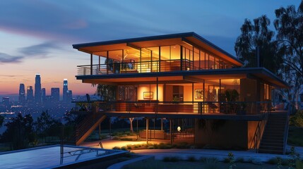 Obraz premium suburban mid-century modern home with an angular, cantilevered second story that offers a stunning view of the city skyline
