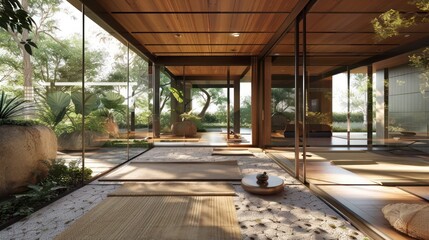 Fototapeta premium suburban mid-century modern home with a dedicated yoga retreat space, integrating tranquil design elements and panoramic views