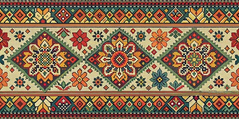 Intricate Floral Mosaic Design with Geometric Patterns, Beads, Ornament, Pattern , Tradition , Colorful , Ukraine
