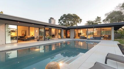 Fototapeta premium suburban mid-century modern home with a seamless transition to a stunning backyard oasis featuring a sleek infinity pool