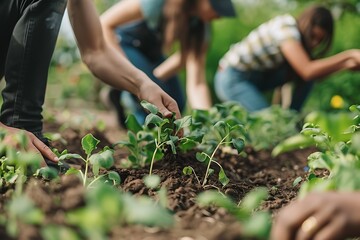 A diverse group of people engaging in a community gardening activity, planting greenery in an urban setting