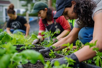 A diverse group of people engaging in a community gardening activity, planting greenery in an urban setting