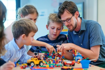 Children and teacher playing with colorful toy bricks and blocks in classroom education concept