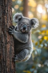 A cute koala bear clinging to a tree trunk, looking directly at the camera.  Sunlight filters through the leaves behind it.