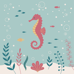 A flat art vector illustration featuring a sea horse.