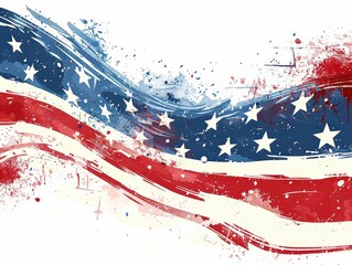 Abstract American flag with red, white, and blue paint splashes and star patterns, symbolizing patriotic and artistic expression.