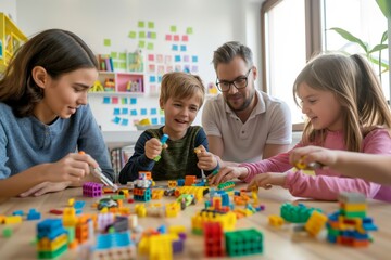 Fototapeta premium Family engaging in creative play with building blocks at home creating concept